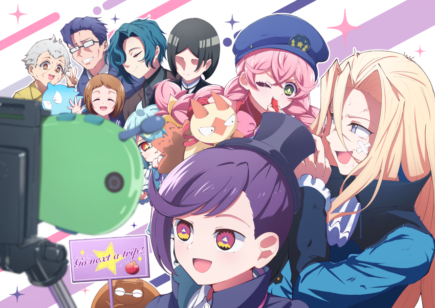 4girls 6+boys :d absurdres acro_trip aqua_hair ascot bandage_on_face bandages berry_blossom black_hair black_hat blonde_hair camera chroma_(acro_trip) closed_eyes date_chizuko date_suikyou diamond-shaped_pupils diamond_(shape) everyone faceless faceless_male facing_viewer glasses grey_hair hair_over_one_eye hand_up hat highres holding holding_sign kokoa_(acro_trip) kuma_kaijin long_hair mascot mashirou mini_hat multiple_boys multiple_girls omizo_barataka open_mouth pink_hair police_hat purple_hair rio_beginner selfie_stick sign smile symbol-shaped_pupils taking_picture triangle-shaped_pupils tsuki_(acro_trip) v whistle white_ascot