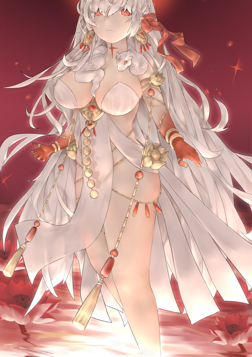 absurdres armlet belly_chain body_markings bracelet colored_skin durga_(fate) durga_(first_ascension)_(fate) durga_(second_ascension)_(fate) durga_(with_the_moon)_(fate) facial_mark fate/grand_order fate_(series) forehead_mark gradient_skin highres indian_clothes jewelry lotus_print pelvic_curtain red_skin revealing_clothes sari snake snake_wrapped_around_neck thumb_ring white_snake