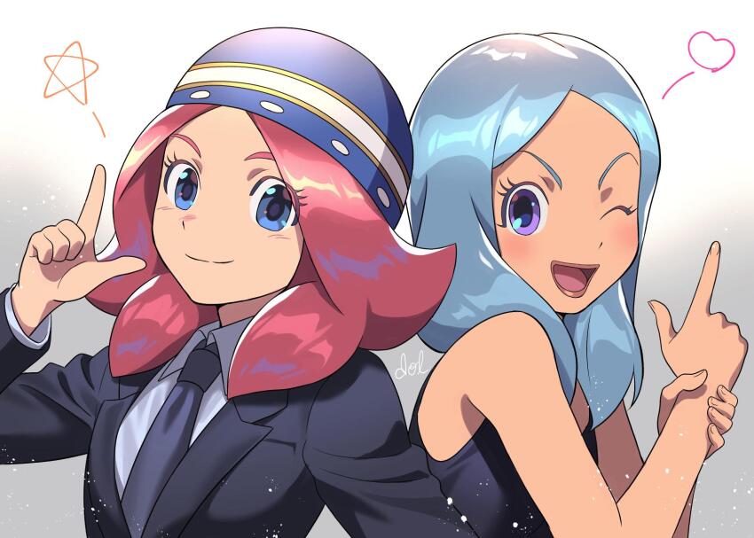 2girls black_dress black_jacket black_suit blue_eyes blue_hair blue_hat blue_necktie collared_shirt dolustoy dress formal_clothes gradient_background grey_background hat highres inazuma_eleven inazuma_eleven_(series) jacket light_blue_hair long_hair looking_at_viewer multiple_girls necktie one_eye_closed open_mouth pink_hair pointing purple_eyes shirt suit urabe_rika zaizen_touko