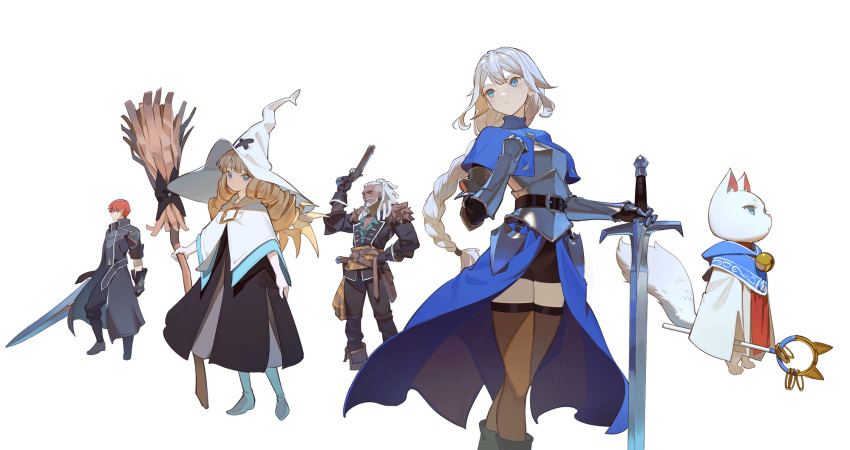 armor armored_dress blonde_hair blue_eyes broom character_request dark-skinned_male dark_skin facial_hair furry group_picture gun halcyon_zero hand_on_own_chest hand_on_own_hip hat highres holding holding_broom holding_gun holding_staff holding_sword holding_weapon huge_weapon large_hat long_braid mature_male multiple_boys multiple_girls non-web_source official_art red_hair staff sword thighhighs transparent_background weapon weapon_request white_hair white_hat witch witch_hat