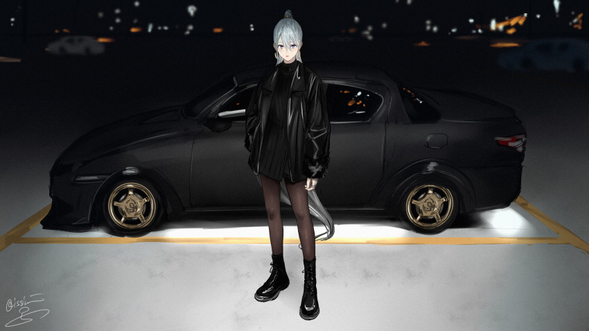 1girl ankle_boots black_boots black_car black_dress black_jacket black_pantyhose black_skirt boots car commentary cross-laced_footwear dress earrings full_body grey_hair highres higuchi_kaede hoop_earrings isshiki_(ffmania7) jacket jewelry lace-up_boots leather leather_jacket long_hair looking_at_viewer motor_vehicle nijisanji pantyhose parking_lot ponytail sidelocks signature skirt sleeves_past_wrists solo standing swept_bangs symbol-only_commentary turtleneck very_long_hair virtual_youtuber white_car