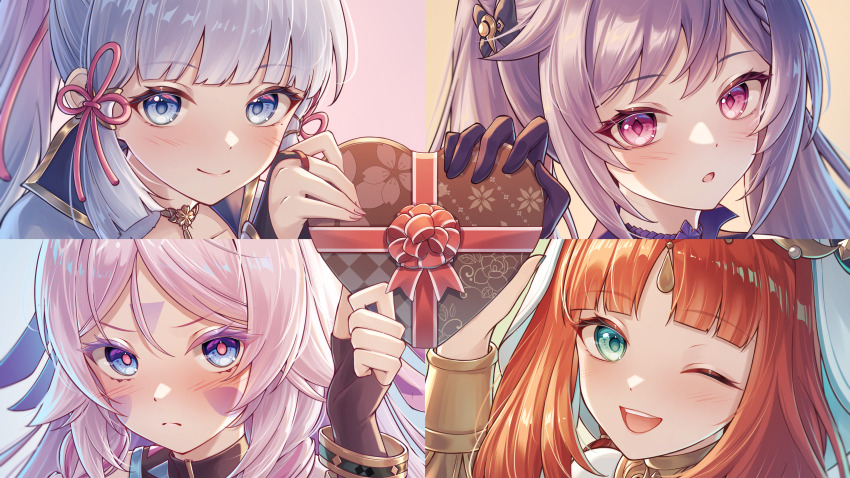 4girls absurdres aqua_eyes armband ayaka_(genshin_impact) blue_eyes blue_hair blush bow box choker citlali_(genshin_impact) facial_mark frown genshin_impact gloves hair_ornament highres holding holding_box keqing_(genshin_impact) looking_at_viewer mole multiple_girls nilou_(genshin_impact) one_eye_closed open_mouth pink_hair pink_pupils purple_eyes purple_gloves purple_hair red_hair smile valentine yuno_kaihara