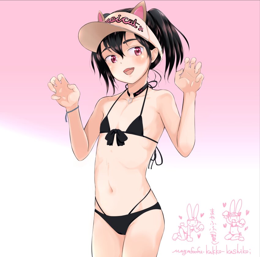 1girl absurdres animal_ears bikini black_bikini black_hair cat_ears flat_chest gradient_background highres jewelry mayafufu medium_hair multi-strapped_bikini_bottom navel necklace original paw_pose pink_background rabbit red_eyes smile solo standing swimsuit translation_request twintails