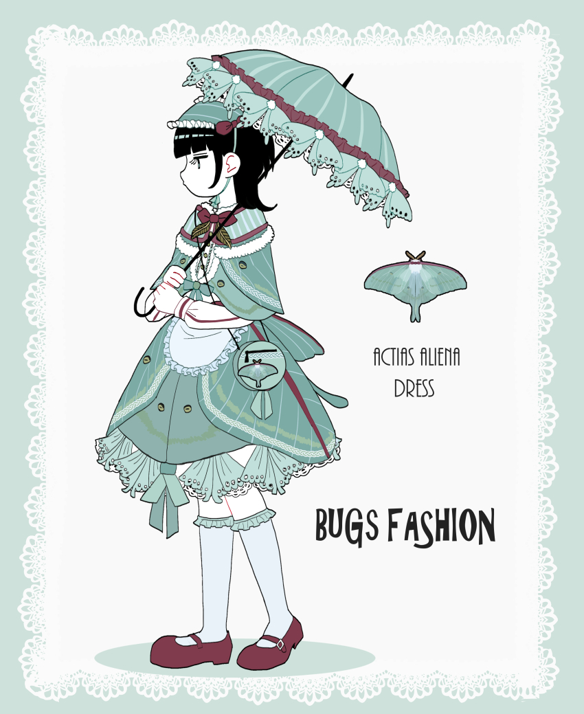 1girl absurdres black_hair blue_capelet blue_dress bug capelet commentary_request dress highres holding holding_umbrella insect long_sleeves looking_to_the_side luna_moth mary_janes medium_hair moth nicoq_(koikoihaihai) original shoes solo umbrella white_background