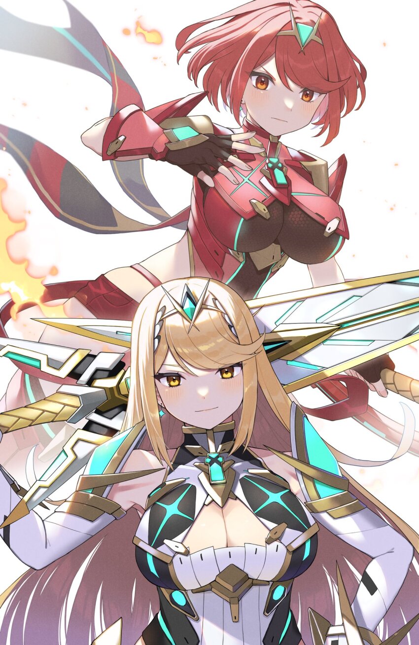 2girls aegis_sword_(xenoblade) blonde_hair bob_cut breasts brown_gloves cleavage cleavage_cutout closed_mouth clothing_cutout commentary_request core_crystal_(xenoblade) dress elbow_gloves fingerless_gloves gloves hand_on_own_hip highres hip_vent holding holding_sword holding_weapon impossible_clothes kinagi_(3307377) large_breasts long_hair looking_at_viewer multiple_girls mythra_(xenoblade) over_shoulder pyra_(xenoblade) red_eyes red_hair red_shorts short_hair shorts simple_background swept_bangs sword tiara weapon weapon_over_shoulder white_background white_dress white_gloves xenoblade_chronicles_(series) xenoblade_chronicles_2 yellow_eyes