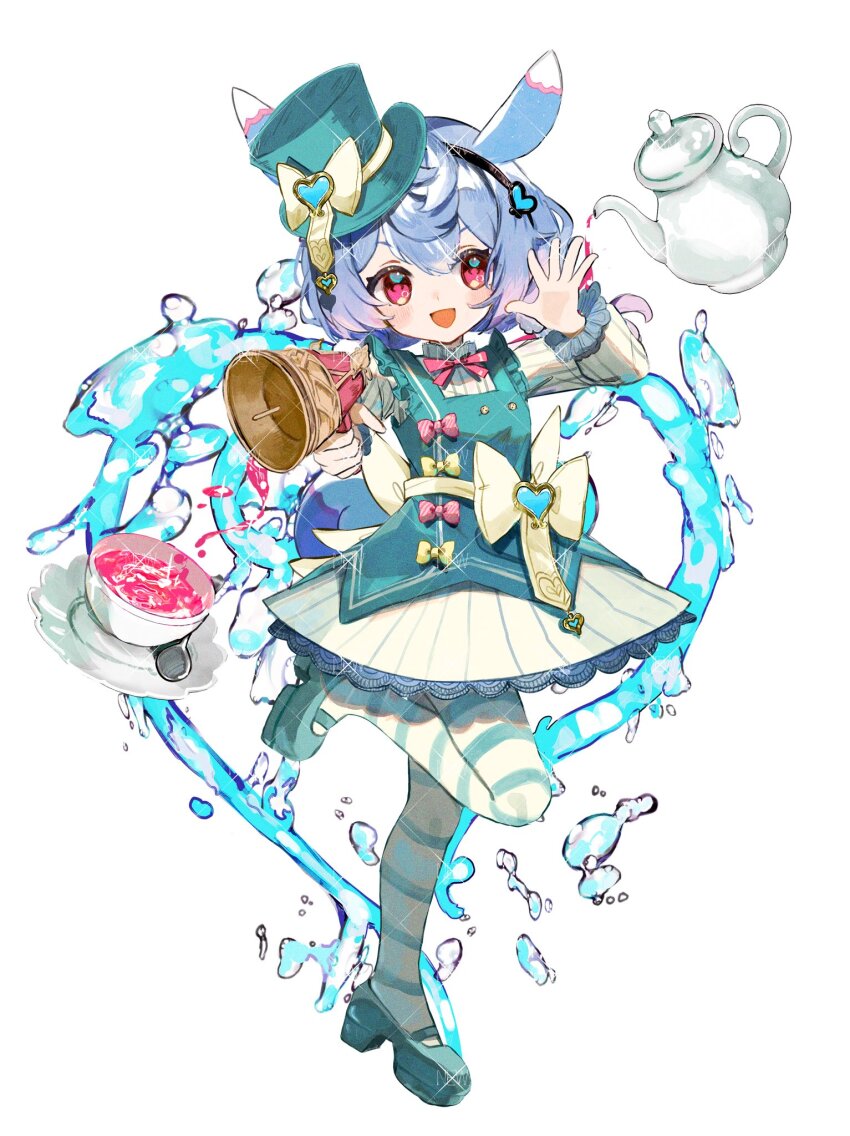 1girl :d alternate_costume animal_ears aqua_dress aqua_hat aqua_shoes artist_name black_hairband blue_hair blush bow bowtie buttons commentary cup dress floating_hair frilled_shirt_collar frills genshin_impact gradient_hair gun hair_between_eyes hairband hand_up handgun hat hat_bow heart heart_hairband highres holding holding_gun holding_weapon lace lace-trimmed_dress lace_trim leg_up long_sleeves looking_at_viewer low_twintails medium_hair multicolored_hair new_(new_gnsn) open_mouth pantyhose pinafore_dress purple_hair red_bow red_bowtie red_eyes saucer shoes sidelocks sigewinne_(genshin_impact) simple_background sleeveless sleeveless_dress smile solo spoon striped_clothes striped_dress striped_pantyhose symbol-only_commentary tail teacup teapot teaspoon tilted_headwear top_hat twintails vertical-striped_clothes vertical-striped_dress water water_drop weapon white_background white_bow white_dress white_pantyhose yellow_bow