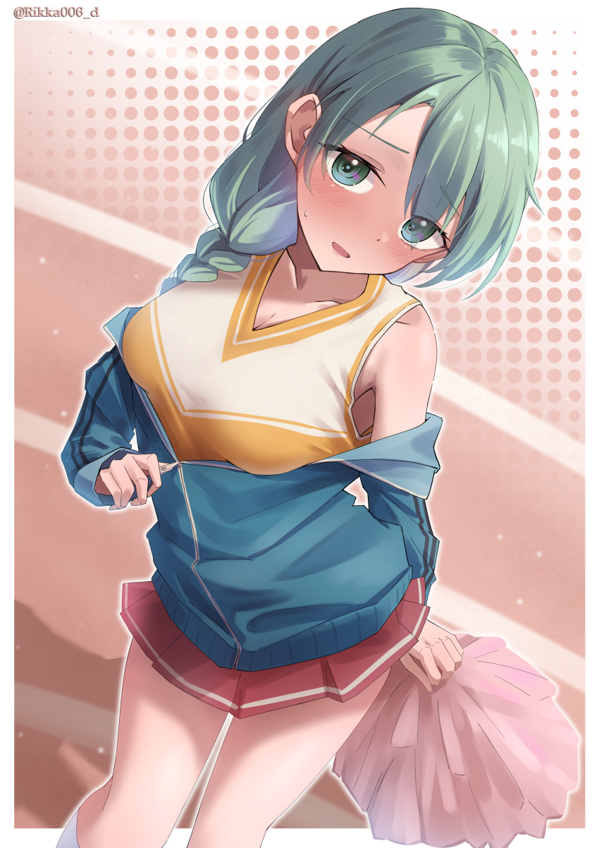 1girl absurdres bare_shoulders blue_eyes blue_jacket blush border braid breasts cheerleader cleavage collarbone commentary commission embarrassed feet_out_of_frame gradient_background green_hair hidamari_sketch highres holding holding_pom_poms jacket kneehighs long_hair long_sleeves low_twin_braids medium_breasts miniskirt natsume_(hidamari_sketch) nose_blush open_mouth orange_background outside_border pixiv_commission pleated_skirt pom_pom_(cheerleading) pom_poms red_skirt rikka006 skirt socks solo swept_bangs track_jacket twin_braids twitter_username unzipped white_border white_socks