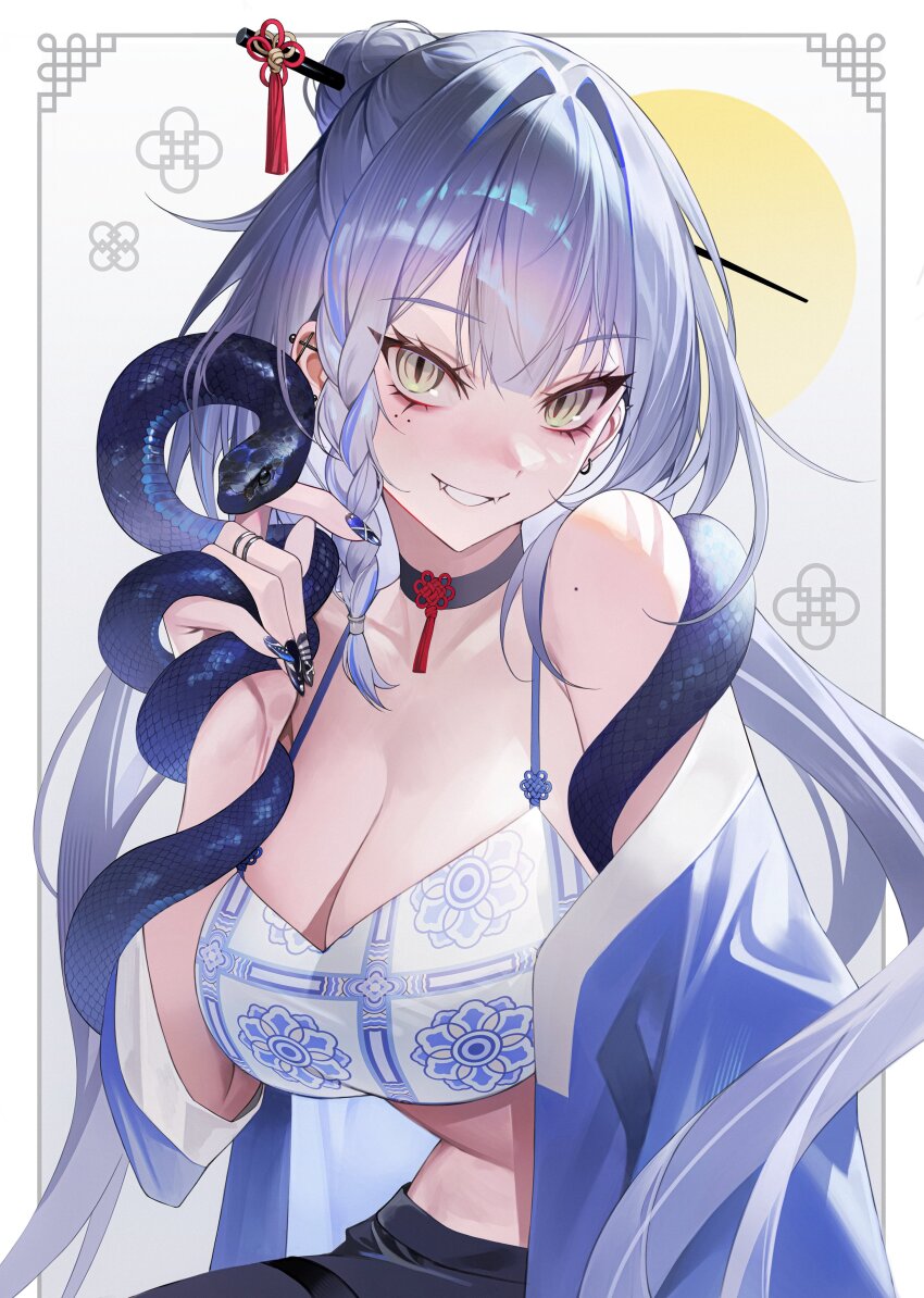 1girl absurdres bare_shoulders black_choker blue_hair braid breasts chinese_zodiac choker chungla cleavage commentary crop_top ear_piercing fang grin hair_bun hair_ornament hairpin hand_up highres large_breasts long_hair looking_at_viewer midriff mole mole_on_shoulder mole_under_eye multicolored_hair off_shoulder original piercing shirt sleeveless sleeveless_shirt slit_pupils smile snake solo spaghetti_strap stomach streaked_hair very_long_hair white_shirt year_of_the_snake yellow_eyes