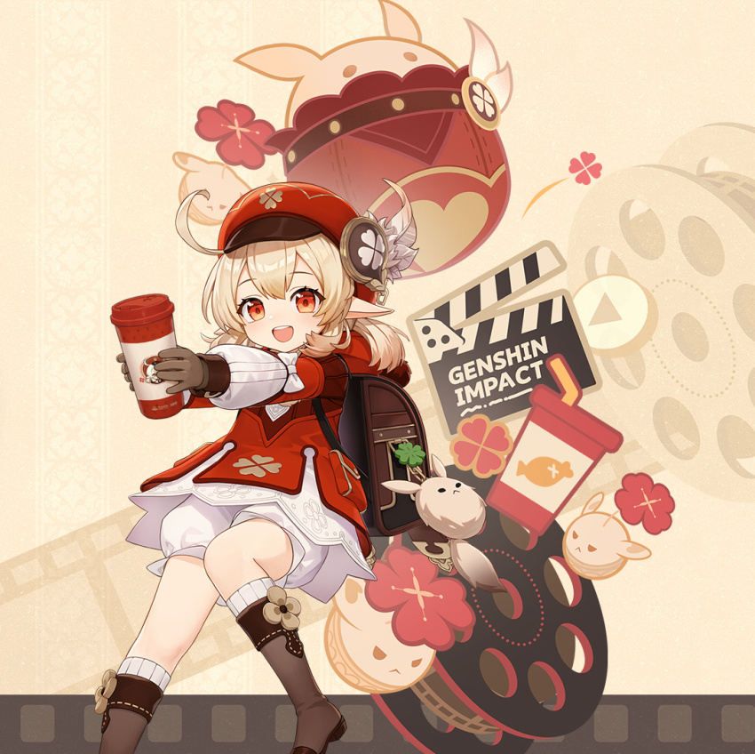 1girl backpack bag blonde_hair bloomers boots brown_bag brown_footwear brown_gloves dress genshin_impact gloves hands_up hat holding klee_(genshin_impact) long_sleeves looking_at_viewer medium_hair official_art open_mouth pointy_ears red_dress red_eyes red_hat second-party_source short_twintails smile socks solo teeth twintails underwear upper_teeth_only white_bloomers white_socks