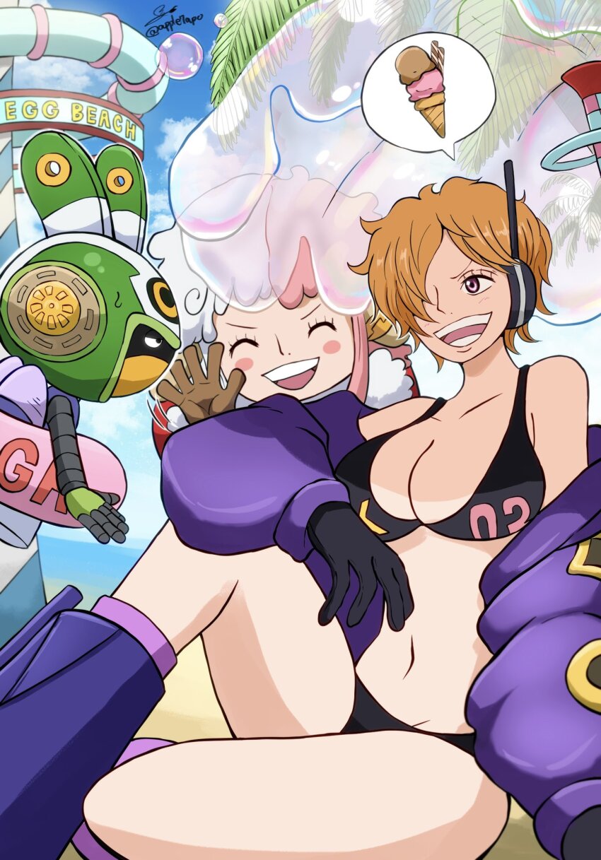 apple7apo bra breasts brown_hair gloves highres jacket multicolored_hair navel one_eye_covered one_piece orange_hair panties pink_hair purple_jacket smile underwear vegapunk_atlas vegapunk_edison vegapunk_lilith white_hair