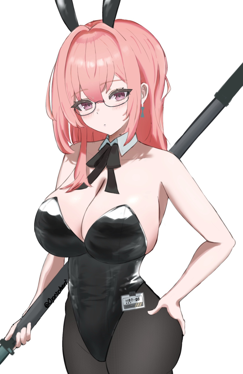 1girl alternate_costume animal_ears bare_arms bare_shoulders black_leotard breasts cleavage cowboy_shot detached_collar earrings fake_animal_ears glasses hair_between_eyes highres holding holding_polearm holding_weapon jewelry large_breasts leotard long_hair looking_at_viewer opuricheri pink_eyes pink_hair playboy_bunny polearm sidelocks simple_background solo thighs tsukishiro_yanagi weapon white_background zenless_zone_zero