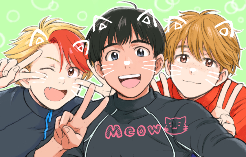 3boys :d ;d animal_ears black_hair blonde_hair brown_eyes brown_hair cat_ears double_v english_text fang freckles grey_eyes jacket ji_guang-hong male_focus minami_kenjirou multicolored_hair multiple_boys one_eye_closed open_mouth phichit_chulanont red_hair selfie smile takeshi_(mononohu20) track_jacket two-tone_hair upper_body v v_over_eye whiskers yuri!!!_on_ice