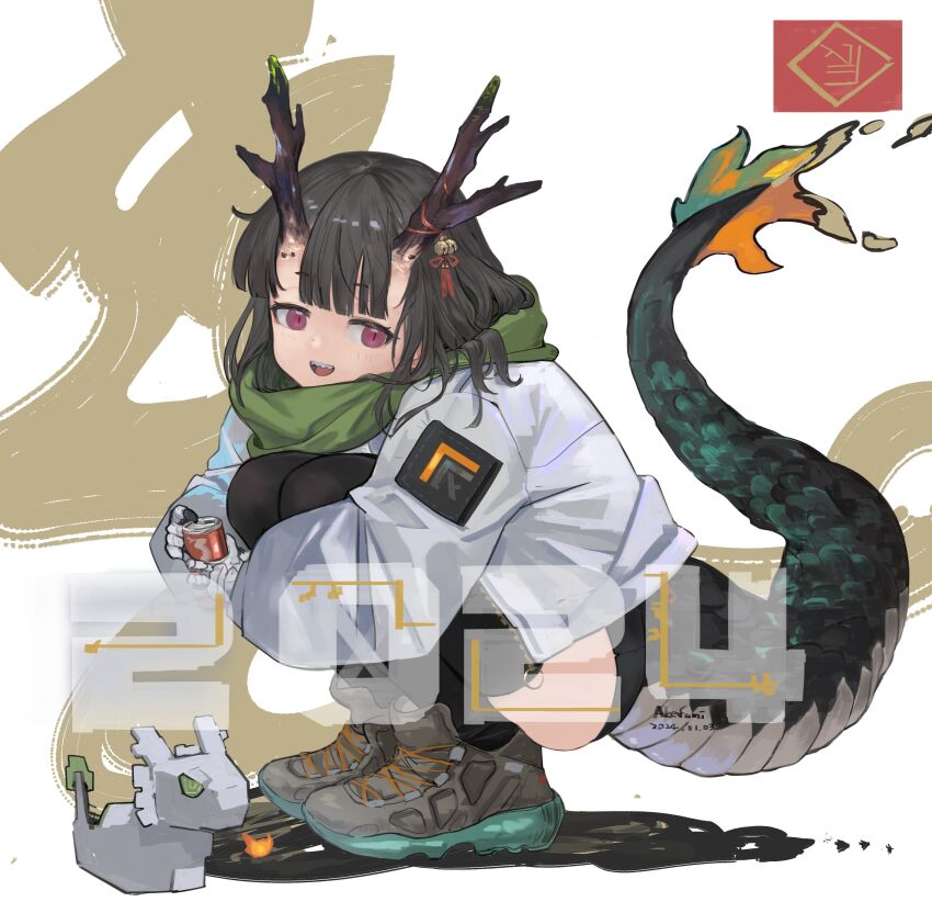 1girl absurdres akefumi bell black_panties black_thighhighs blunt_bangs boots can chinese_zodiac claws cross-laced_footwear dragon_girl dragon_horns dragon_tail green_scarf hair_bell hair_ornament highres holding holding_can horns jacket jingle_bell lace-up_boots long_hair looking_to_the_side monster_girl nengajou new_year original panties purple_eyes scales scarf sharp_teeth solo_focus tail teeth thighhighs underwear white_jacket