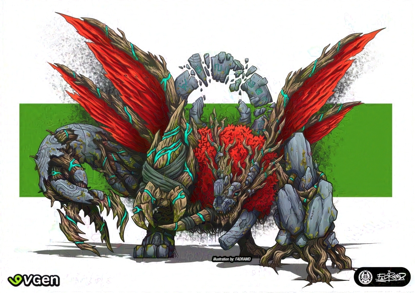 digimon digimon_(creature) entmon highres original rock sharp_teeth solo teeth wings wood