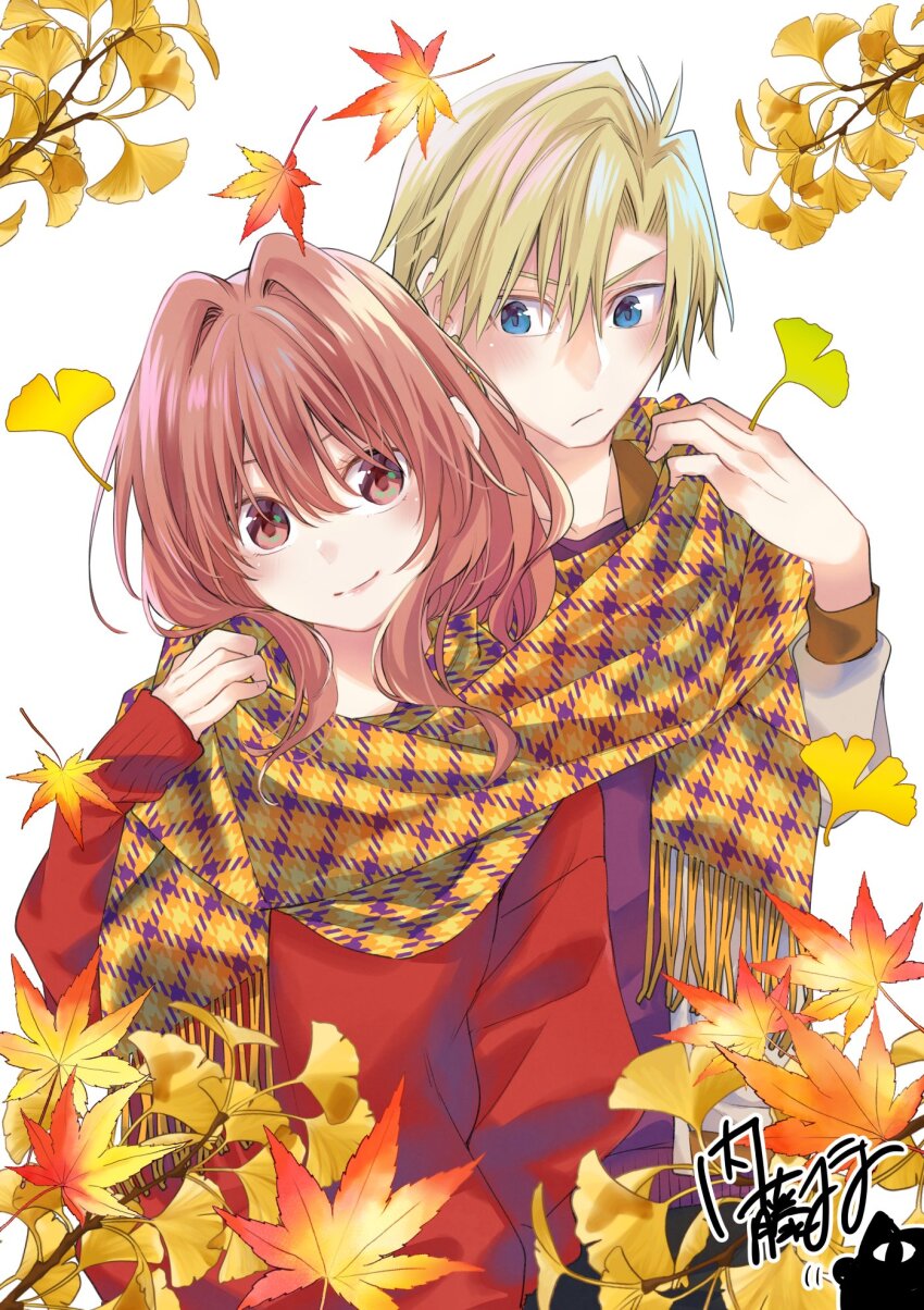 1boy 1girl :/ amagami-san_chi_no_enmusubi amagami_yuna blonde_hair blue_eyes commentary_request cover_image falling_leaves floral_background flower hair_between_eyes hair_intakes highres holding holding_unworn_clothes holding_scarf holding_unworn_clothes kamihate_uryuu leaf long_sleeves looking_at_another looking_at_viewer maple_leaf marcey medium_hair official_art plaid_clothes plaid_scarf purple_shirt red_eyes red_hair red_sweater scarf shared_clothes shared_scarf shirt short_hair signature smile straight_hair sweater upper_body