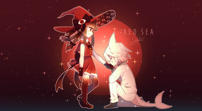 1boy 1girl absurdres bow braid brown_hair circle colored_skin commentary dress english_commentary english_text eye_on_hat fins fish_tail formal funamusea gloves hat hetero highres kiss kissing_hand long_hair negative_space oounabara_to_wadanohara red_background red_gloves sailor_dress seiini shark_boy shark_fin shark_tail short_hair sleeveless sleeveless_dress smile sparkle star_(sky) suit syakesan_(funamusea) tail twin_braids wadanohara wadanohara_(red_sea) white_hair white_skin white_suit witch witch_hat