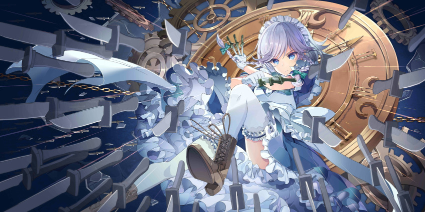 1girl apron blue_dress blue_eyes boots bow braid bridal_garter brown_footwear chain clock closed_mouth cross-laced_footwear dress floating_hair foot_out_of_frame frilled_dress frills fruit_punch gloves green_bow grey_hair hair_bow highres holding holding_knife izayoi_sakuya knife long_hair looking_at_viewer maid_apron maid_headdress non-web_source official_art second-party_source solo thighhighs touhou touhou_lostword twin_braids white_apron white_gloves white_thighhighs