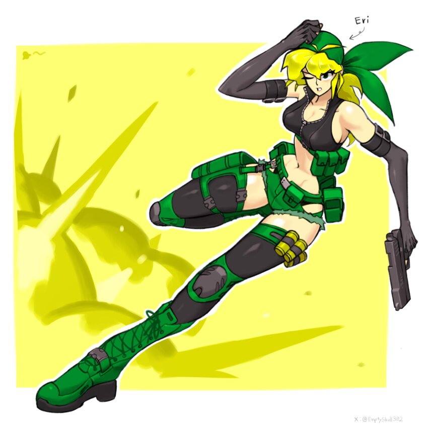 1girl absurdres bandana belt black_gloves black_thighhighs black_vest blonde_hair breasts elbow_gloves emptyskull302 full_body gloves green_bandana green_eyes green_footwear green_shorts gun highres holding holding_gun holding_weapon kasamoto_eri medium_breasts metal_slug midriff shorts thighhighs utility_belt vest weapon yellow_background