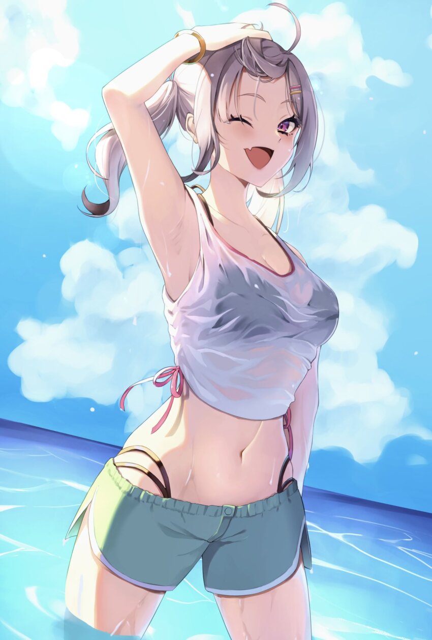 1girl ahoge bare_shoulders bikini black_bikini blush breasts cleavage collarbone day grey_hair hair_ornament highres large_breasts long_hair looking_at_viewer mole mole_under_eye navel nijisanji ocean open_mouth outdoors purple_eyes simple_background smile solo sukoya_kana swimsuit twintails virtual_youtuber yawamochi27