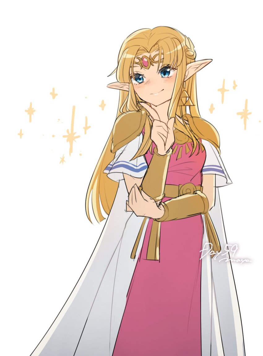 1girl armor blonde_hair blue_eyes bracer cape closed_mouth commentary_request cowboy_shot dress earrings finger_to_own_chin highres jewelry long_dress long_hair maya_(mayamayammy) nintendo pink_dress pointy_ears princess princess_zelda shoulder_armor smile solo sparkle_background super_smash_bros. the_legend_of_zelda the_legend_of_zelda:_a_link_between_worlds tiara triforce two-tone_dress white_background white_cape white_dress