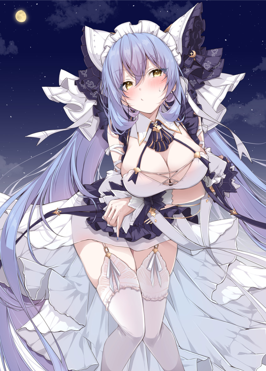 absurdres alternate_costume animal_band animal_ears apron arkhangelsk_(azur_lane) arm_garter arms_under_breasts azur_lane blue_hair breasts cheshire_(azur_lane) cheshire_(azur_lane)_(cosplay) cleavage commission cosplay crossed_arms detached_sleeves fake_animal_ears frilled_hairband frilled_ribbon frills full_moon garter_straps green_eyes hairband highres large_breasts long_hair long_ribbon maid maid_headdress mikuchi3939 moon pixiv_commission puffy_detached_sleeves puffy_sleeves purple_apron ribbon thighhighs white_garter_straps white_thighhighs wrist_cuffs