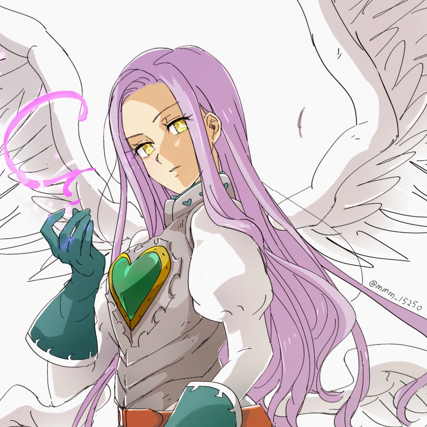 1girl absurdres angel angel_wings armor feathered_wings gloves green_gloves heart-shaped_gem highres long_hair looking_at_viewer low_wings ludociel_(nanatsu_no_taizai) magic margaret_liones multiple_wings nanatsu_no_taizai possessed possession purple_hair simple_background spring_(mmm_15250) symbol_in_eye twitter_username white_background wings yellow_eyes