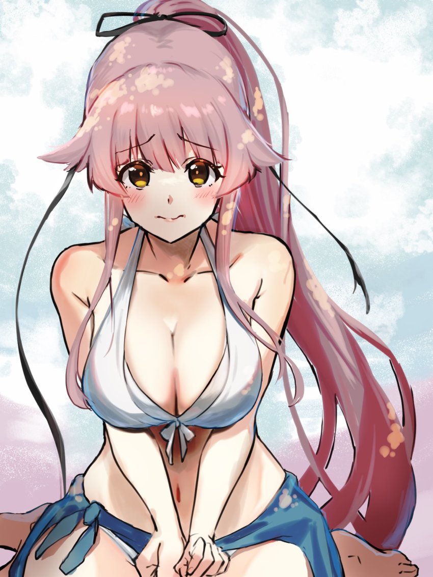 1girl bare_arms bare_legs bare_shoulders barefoot bikini blue_sarong blush breasts cleavage closed_mouth collarbone highres kantai_collection large_breasts long_hair navel pink_hair ponytail sarong sitting solo swimsuit wariza white_bikini yellow_eyes youmou_usagi yura_(kancolle) yura_(swimsuit_mode)_(kancolle) yura_kai_ni_(kancolle)