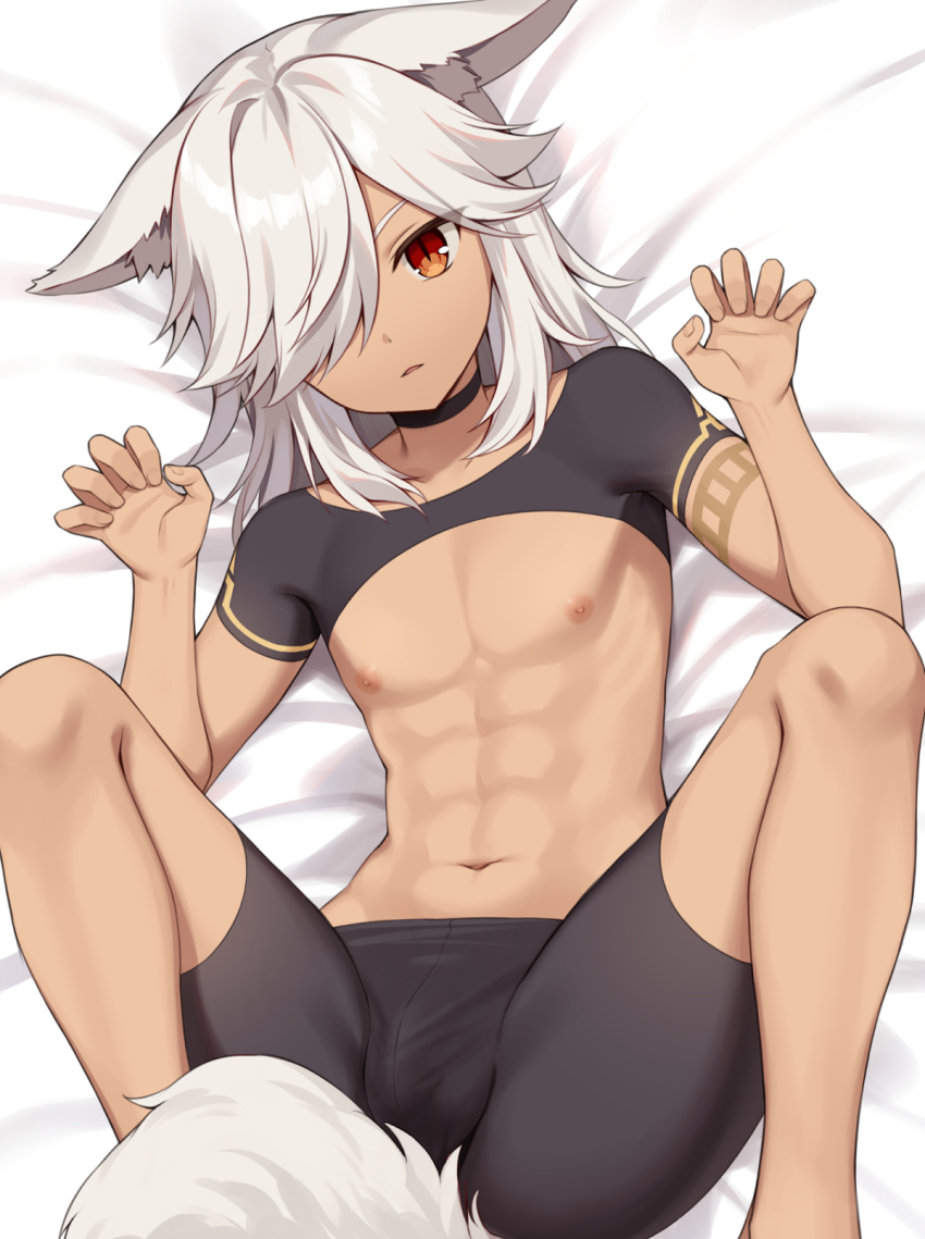 1boy animal_ears arm_tattoo bishounen black_shirt black_shorts bulge cyno_(genshin_impact) dark-skinned_male dark_skin fox_ears genshin_impact grey_hair hair_between_eyes hair_over_one_eye highres iroiro_0w0 long_hair lying male_focus midriff muscular muscular_male navel nipples orange_eyes shirt shorts solo stomach tattoo white_hair