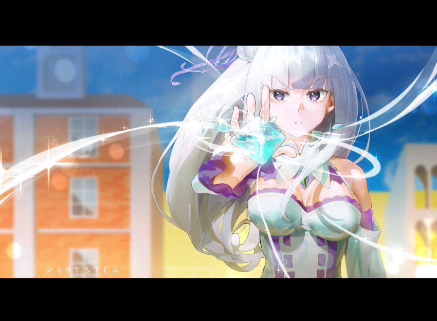 1girl bare_shoulders blue_sky breasts building cleavage cryokinesis dress emilia_(re:zero) flower gem green_gemstone hair_flower hair_ornament hair_ribbon highres ice large_breasts long_hair looking_at_viewer narrowed_eyes outdoors purple_eyes purple_ribbon re:zero_kara_hajimeru_isekai_seikatsu reaching reaching_towards_viewer ribbon rose sky solo stegart upper_body white_flower white_hair white_rose wide_sleeves x_hair_ornament