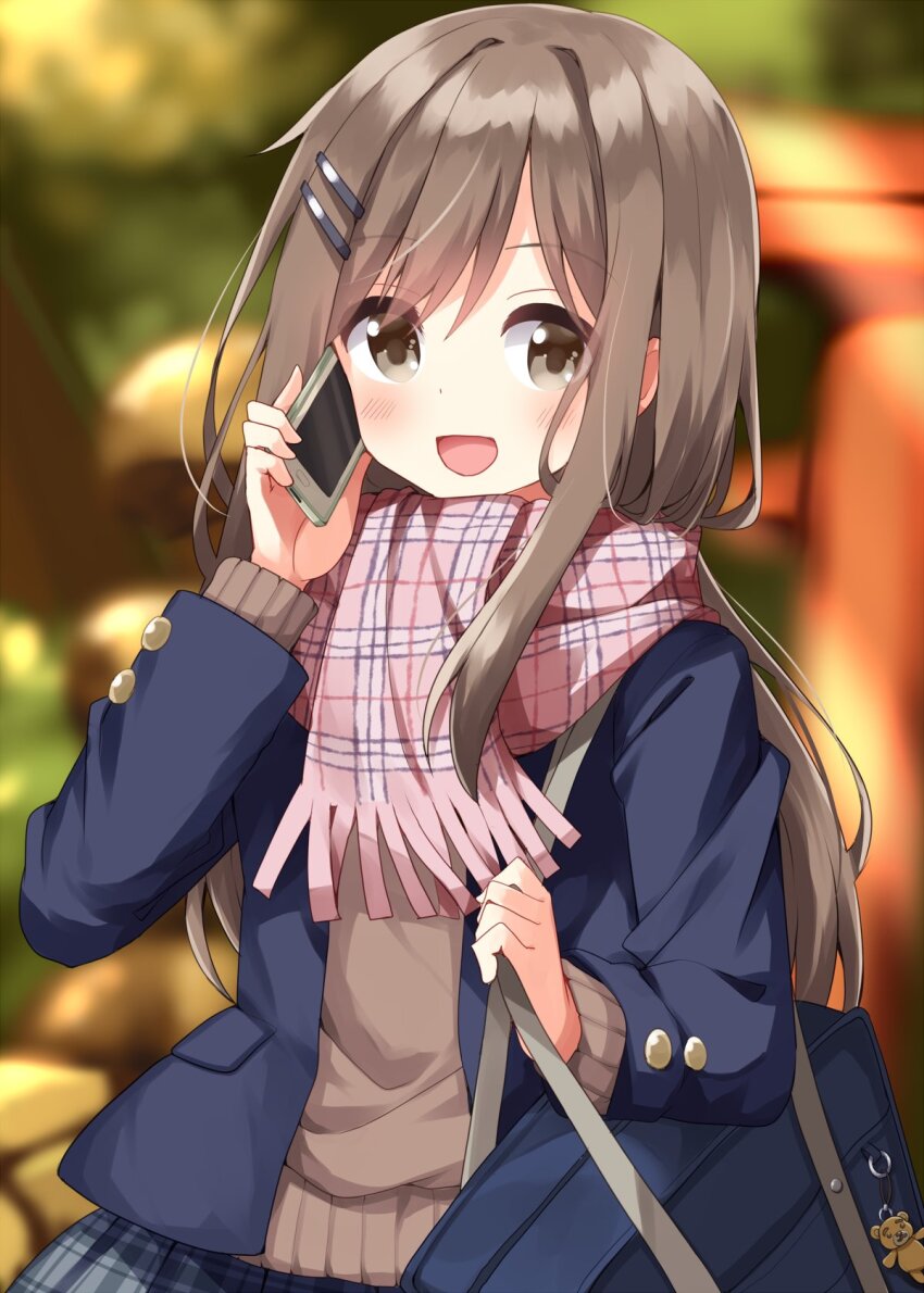 1girl :d adachi_to_shimamura bag blue_bag blue_jacket blue_skirt blurry blurry_background blush brown_eyes brown_hair brown_sweater cellphone commentary_request hair_ornament hairclip hand_up highres holding holding_phone jacket long_hair long_sleeves looking_at_viewer open_clothes open_jacket open_mouth phone pink_scarf plaid_clothes plaid_scarf plaid_skirt pleated_skirt ruu_(tksymkw) scarf shimamura_hougetsu shoulder_bag skirt smartphone smile solo sweater talking_on_phone upper_body winter_clothes