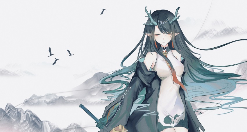 1girl absurdres arknights black_hair black_jacket chasansui closed_eyes dragon_girl dragon_horns dress dusk_(arknights) earrings green_horns hair_over_one_eye highres holding holding_sword holding_weapon horns jacket jewelry long_hair multicolored_hair pointy_ears red_eyes solo streaked_hair sword tassel tassel_earrings weapon white_dress