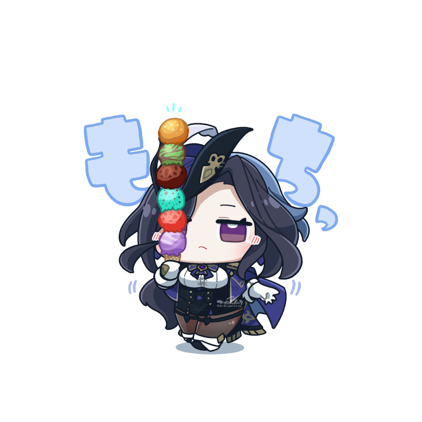 1girl arikuigames1105 balancing black_hair black_pantyhose chibi chibi_only clorinde_(genshin_impact) closed_mouth commentary_request food full_body genshin_impact gloves hat highres holding holding_ice_cream_cone ice_cream ice_cream_cone motion_lines notice_lines pantyhose purple_eyes shirt simple_background solo too_many too_many_scoops walking white_background white_gloves white_shirt