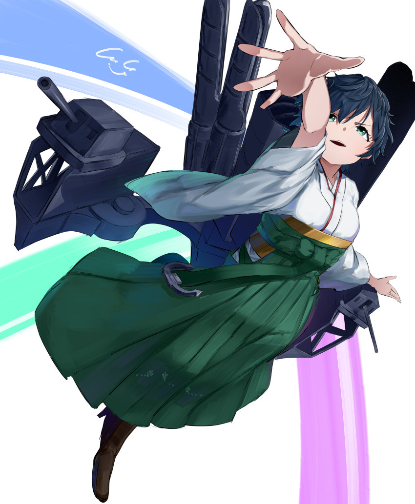 1girl absurdres adapted_turret anchor boots cannon cross-laced_footwear furisode gegesan green_eyes green_hakama hakama hakama_skirt hat highres japanese_clothes kantai_collection kimono lace-up_boots machinery mast matsukaze_(kancolle) meiji_schoolgirl_uniform mini_hat mini_top_hat open_mouth rigging short_hair signature skirt smile smokestack solo top_hat torpedo_launcher torpedo_tubes turret white_background