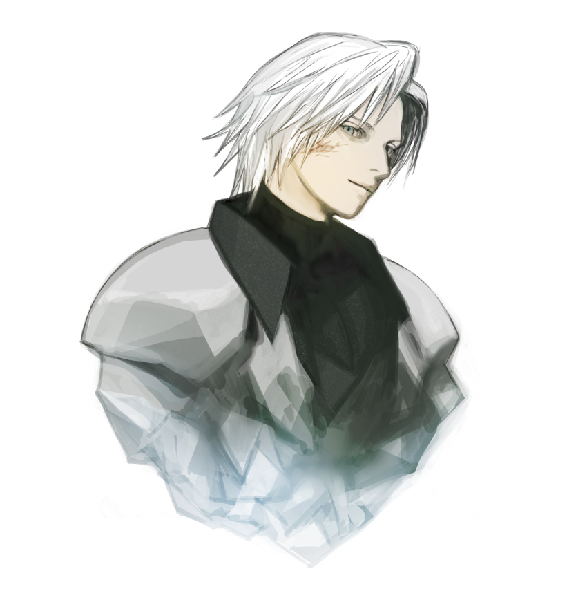 1boy aged_down armor black_coat black_sweater blood blood_on_face closed_mouth coat commentary_request cropped_torso final_fantasy final_fantasy_vii final_fantasy_vii_ever_crisis green_eyes grey_hair highres looking_at_viewer male_focus parted_bangs sephiroth sephiroth_(ever_crisis) short_hair shoulder_armor solo sweater tori_(labyrinth_fft) turtleneck turtleneck_sweater upper_body white_background