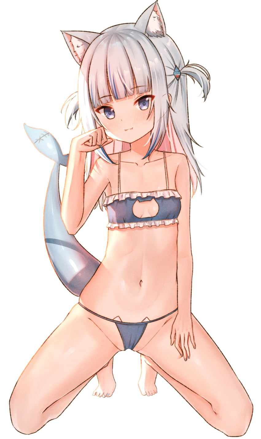 1girl absurdres animal_ear_fluff animal_ears barefoot blue_bra blue_eyes blue_hair blue_panties blunt_bangs blush bra breasts cat_cutout cat_ears cat_lingerie cleavage_cutout clothing_cutout collarbone fins fish_tail frilled_bra frills gawr_gura hair_ornament hand_on_own_thigh highres hololive hololive_english kneeling looking_at_viewer medium_hair meme_attire multicolored_hair navel panties paw_pose ray_peng shark_girl shark_hair_ornament shark_tail sidelocks silver_hair simple_background small_breasts solo stomach streaked_hair tail two_side_up underwear underwear_only virtual_youtuber white_background