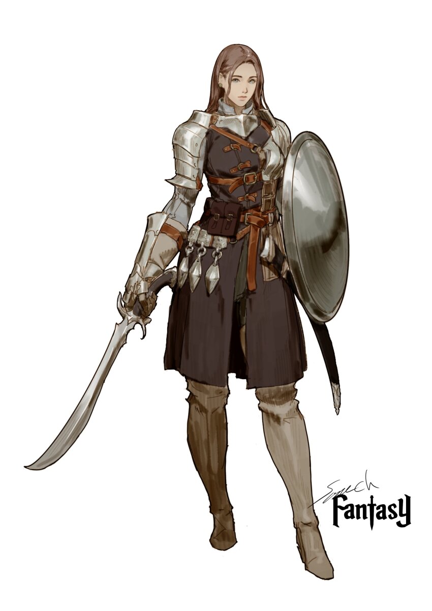 1girl absurdres armor artist_name belt belt_pouch boots brown_coat brown_hair coat earrings english_text gauntlets gorget grey_eyes highres holding holding_sword holding_weapon jewelry looking_at_viewer original pauldrons pouch rerebrace saber_(weapon) sheath shoulder_armor signature simple_background single_earring solo sonech sword vambraces weapon white_background