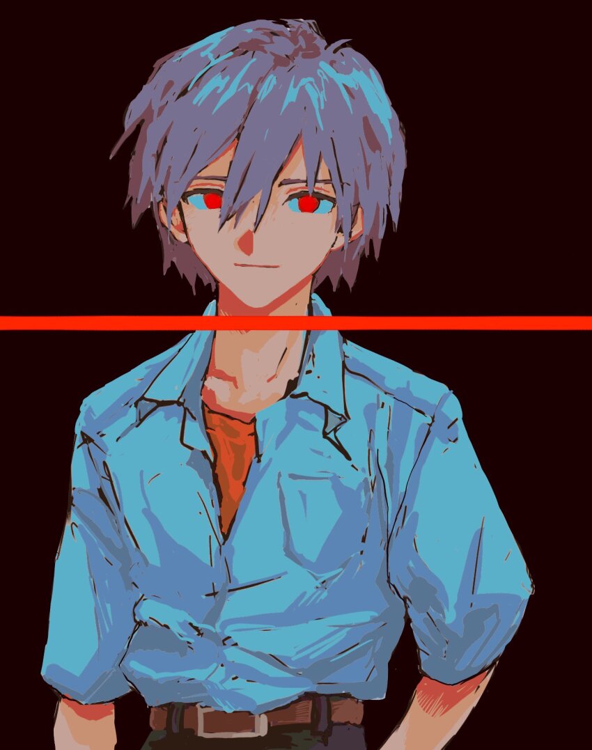 1boy a12740807 belt belt_buckle black_background black_pants breast_pocket brown_belt buckle closed_mouth collarbone collared_shirt cowboy_shot grey_hair hair_between_eyes highres looking_at_viewer male_focus nagisa_kaworu neon_genesis_evangelion open_collar orange_shirt pants pocket red_eyes shirt shirt_tug short_sleeves simple_background solo wing_collar