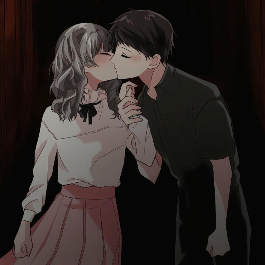 1boy 1girl black_hair black_ribbon blush brown_hair closed_eyes commentary cowboy_shot dark_background fear_&amp;_hunger_(series) fear_&amp;_hunger_2:_termina frilled_shirt_collar frills green_jumpsuit hidemaan2000 highres holding_another&#039;s_wrist jumpsuit kiss levi_(fear_&amp;_hunger) long_hair long_sleeves marina_(fear_&amp;_hunger) neck_ribbon pink_skirt ribbon shirt shirt_tucked_in short_hair short_sleeves skirt standing white_shirt