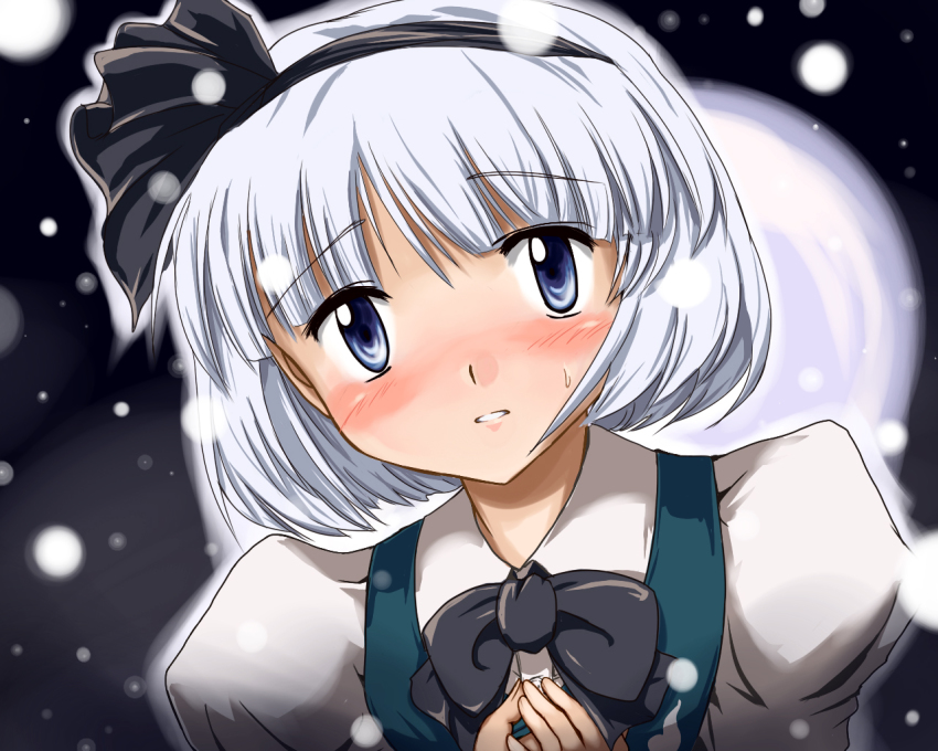 1girl blue_eyes blush female_focus flx ghost gradient_background hairband konpaku_youmu konpaku_youmu_(ghost) outdoors short_hair silver_hair sky solo touhou upper_body