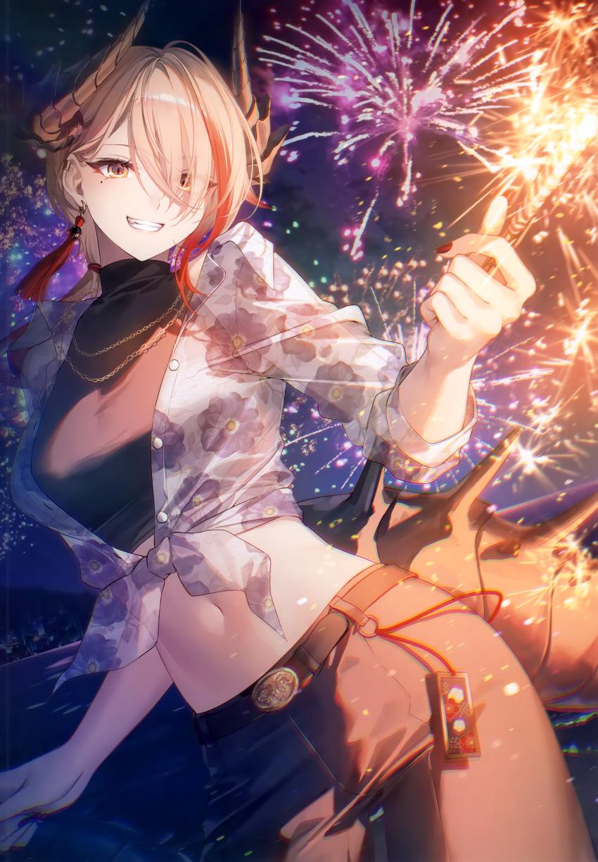 1girl absurdres earrings grin hair_over_one_eye highres holding holding_fireworks horns jewelry kokuyou_lira light_brown_hair long_sleeves looking_at_viewer midriff mole mole_under_eye multicolored_hair navel necklace night night_sky open_mouth outdoors pants red_hair scan short_hair sky smile solo streaked_hair teeth toosaka_asagi vee_(vtuber) virtual_youtuber yellow_eyes