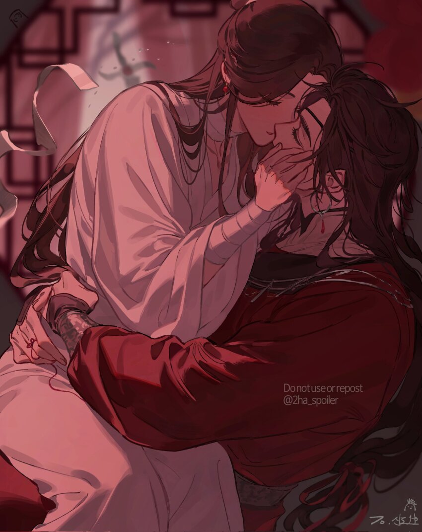 2boys bandaged_arm bandaged_neck bandages belt black_hair brown_hair chinese_clothes closed_eyes earrings eyepatch galbae hair_bun hand_on_another&#039;s_cheek hand_on_another&#039;s_face hanfu highres hua_cheng imminent_kiss jewelry long_hair male_focus multiple_boys necklace pointy_ears red_hanfu red_robe robe simple_background sitting sitting_on_lap sitting_on_person string string_around_finger string_of_fate tianguan_cifu white_hanfu white_robe xie_lian yaoi