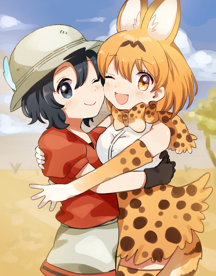 2girls ;) ;d animal_ears bare_shoulders black_hair blonde_hair blue_eyes blush bow bowtie cheek-to-cheek commentary_request cowboy_shot duplicate elbow_gloves extra_ears gloves hat_feather heads_together helmet high-waist_skirt highres hug kaban_(kemono_friends) kemono_friends multiple_girls one_eye_closed open_mouth orange_bow orange_bowtie outdoors pith_helmet print_bow print_bowtie print_gloves print_skirt print_thighhighs red_shirt serval_(kemono_friends) serval_print shirt short_hair short_sleeves shorts skirt sleeveless smile suicchonsuisui t-shirt tail thighhighs traditional_bowtie two-tone_bow two-tone_bowtie white_bow white_bowtie white_shirt yellow_eyes zettai_ryouiki