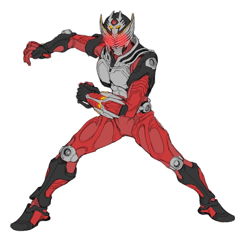 1boy armor bodysuit full_body glowing glowing_eyes highres kamen_rider kamen_rider_ryuki kamen_rider_ryuki_(series) male_focus power_armor red_bodysuit red_eyes simple_background solo white_background xiangzi_box