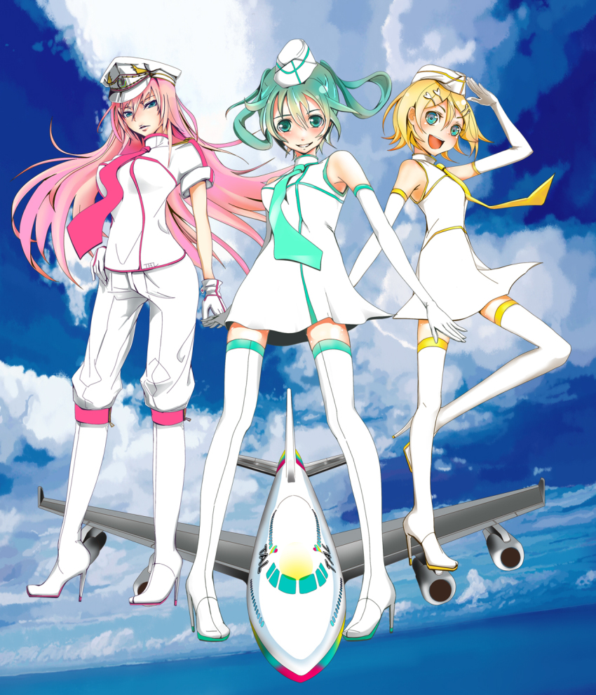 3girls aircraft airplane aqua_eyes aqua_hair blonde_hair boots female_focus garrison_cap hair_ornament hairclip hat hatsune_miku high_heel_boots high_heels highres jet_airliner kagamine_rin keepout legs long_hair looking_at_viewer megurine_luka multiple_girls necktie peaked_cap pink_hair short_hair smile soramu stiletto_heels thigh_boots thighhighs twintails uniform vocaloid zettai_ryouiki