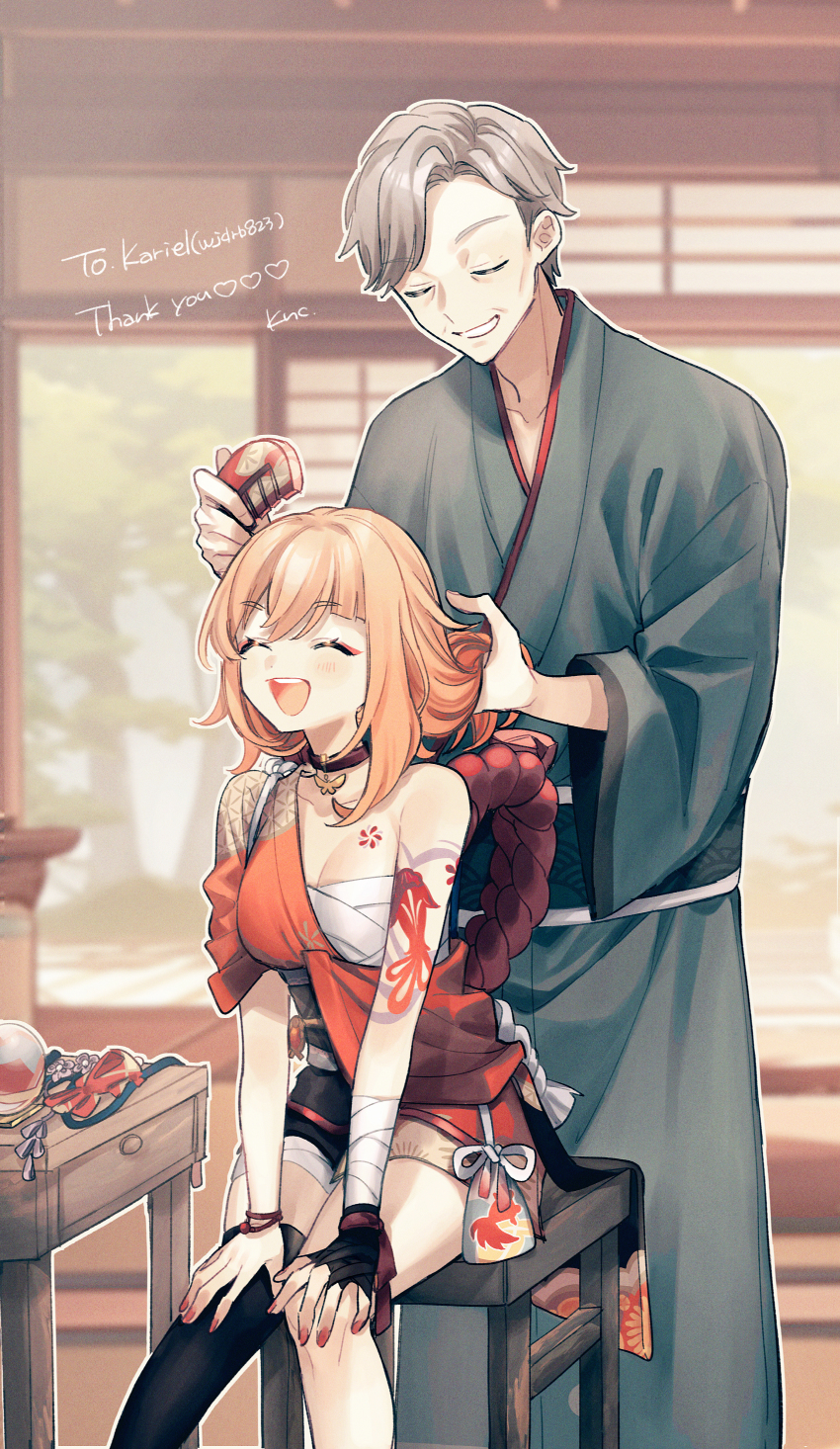 1boy 1girl :d ^_^ absurdres arm_tattoo bandaged_arm bandages black_sash blonde_hair blurry blurry_background blush breasts brushing_another&#039;s_hair brushing_hair chest_sarashi chest_tattoo choker cleavage closed_eyes collarbone comb commentary_request eyeshadow father_and_daughter genshin_impact grey_hair grey_kimono hadanugi_dousa hair_between_eyes hair_down hairdressing hand_up happy highres holding holding_another&#039;s_hair holding_comb japanese_clothes jewelry kimono korean_commentary long_hair long_sleeves makeup medium_breasts naganohara_ryuunosuke obi obijime old old_man open_kimono open_mouth orange_kimono outline pendant pendant_choker red_choker red_eyeshadow rope sarashi sash second-party_source seigaiha shimenawa short_hair short_sleeves sidelocks single_bare_shoulder sitting smile standing tamaya_yoi tattoo teeth upper_teeth_only vision_(genshin_impact) white_outline wide_sleeves yoimiya_(genshin_impact)