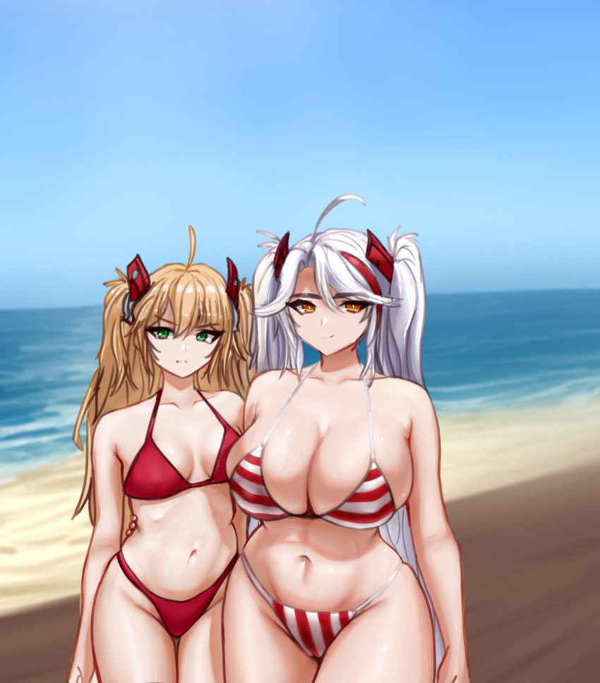 2girls admiral_hipper_(azur_lane) alternate_costume azur_lane beach bikini breast_envy breasts cleavage collarbone commentary cowboy_shot english_commentary green_eyes hand_on_another&#039;s_waist headgear highres huge_breasts meme mom_and_her_daughter_(meme) multicolored_bikini multicolored_hair multiple_girls navel orange_eyes orange_hair prinz_eugen_(azur_lane) red_bikini red_hair sand siblings sisters small_breasts starving_for_more streaked_hair striped_bikini striped_clothes swimsuit two-tone_bikini two-tone_hair water white_hair