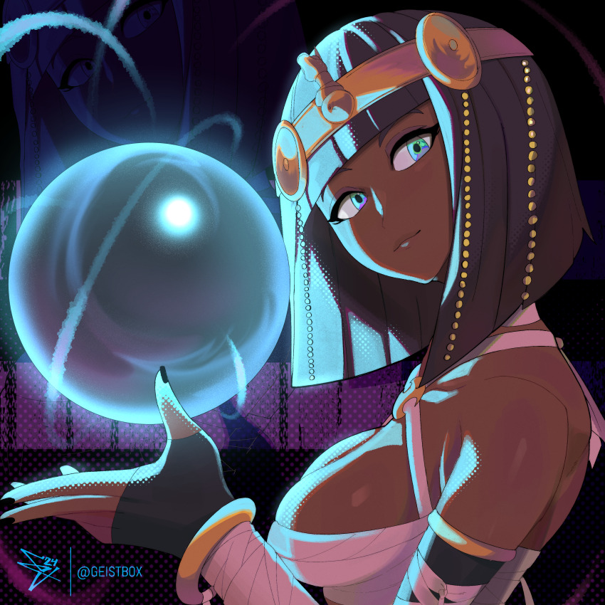 1girl absurdres ancient_egyptian_clothes artist_name ben-day_dots black_gloves black_nails bob_cut breasts commentary crystal_ball dark-skinned_female dark_skin energy_ball english_commentary fingerless_gloves geistbox gloves green_eyes highres menat screentones short_hair solo street_fighter street_fighter_v