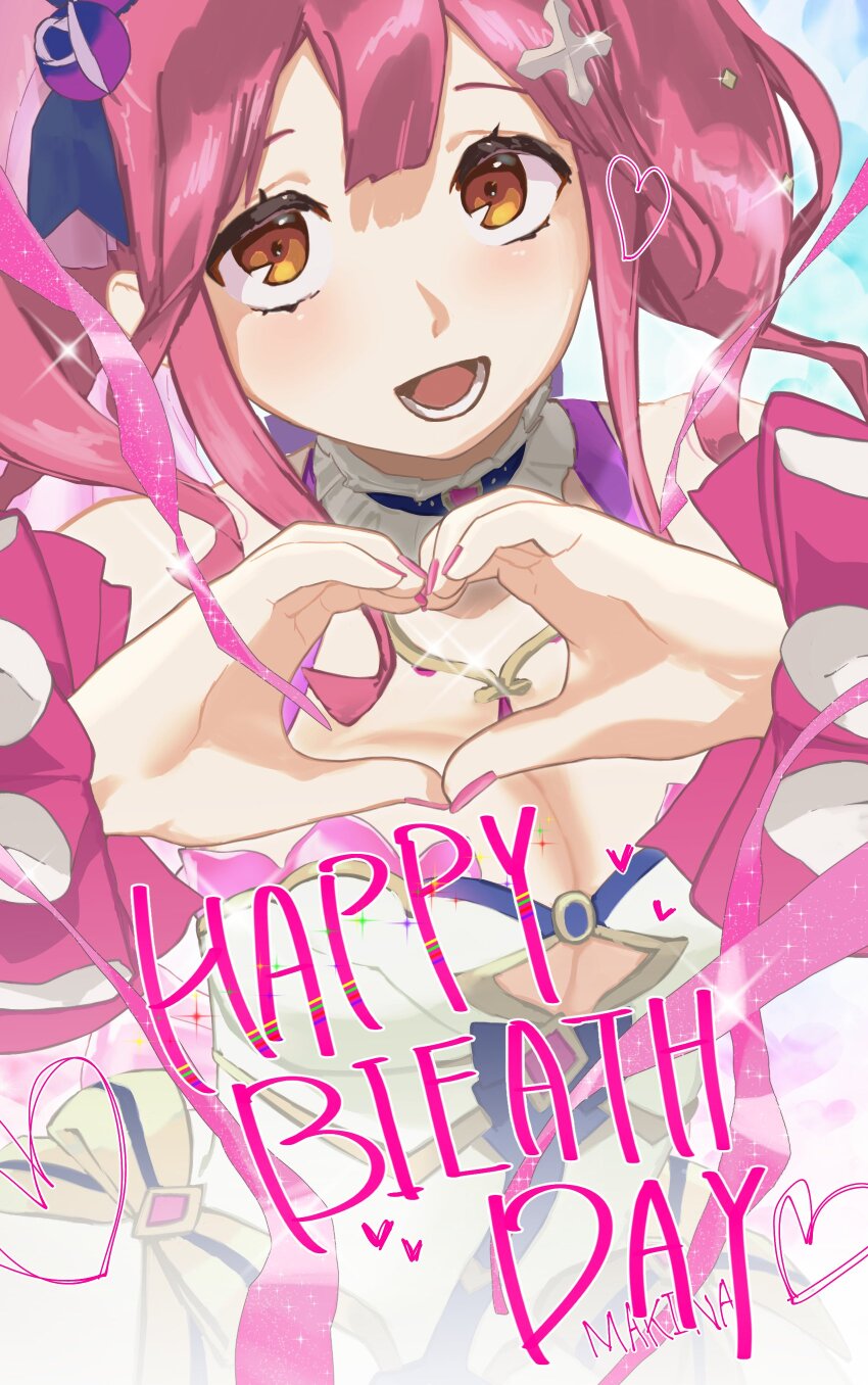 1girl absurdres blue_eyes breasts brown_eyes cleavage dress frilled_dress frilled_sleeves frills hair_ornament happy_birthday heart heart_hands highres large_breasts long_hair long_sleeves looking_at_viewer macross macross_delta macross_delta:_zettai_live!!!!!! makina_nakajima open_mouth pink_hair smile solo twintails utari walkure_(macross_delta)