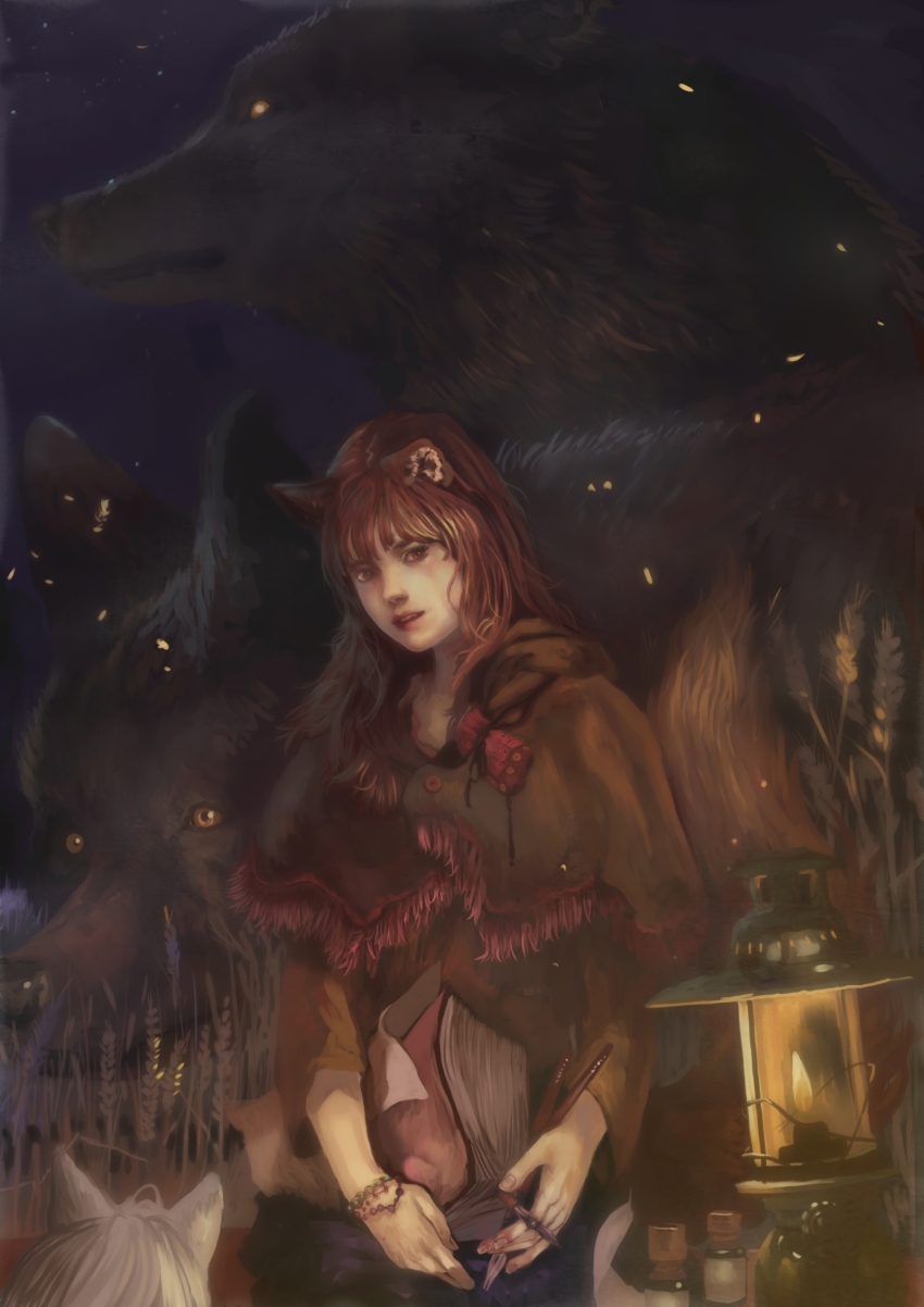 2girls animal_ears brown_hair grey_hair highres holo lantern lips long_hair looking_at_viewer multiple_girls myuri_(spice_and_wolf) nttc6512 painterly pouch realistic red_eyes shawl wolf_and_parchment spice_and_wolf tail wheat wolf wolf_ears wolf_tail yellow_eyes