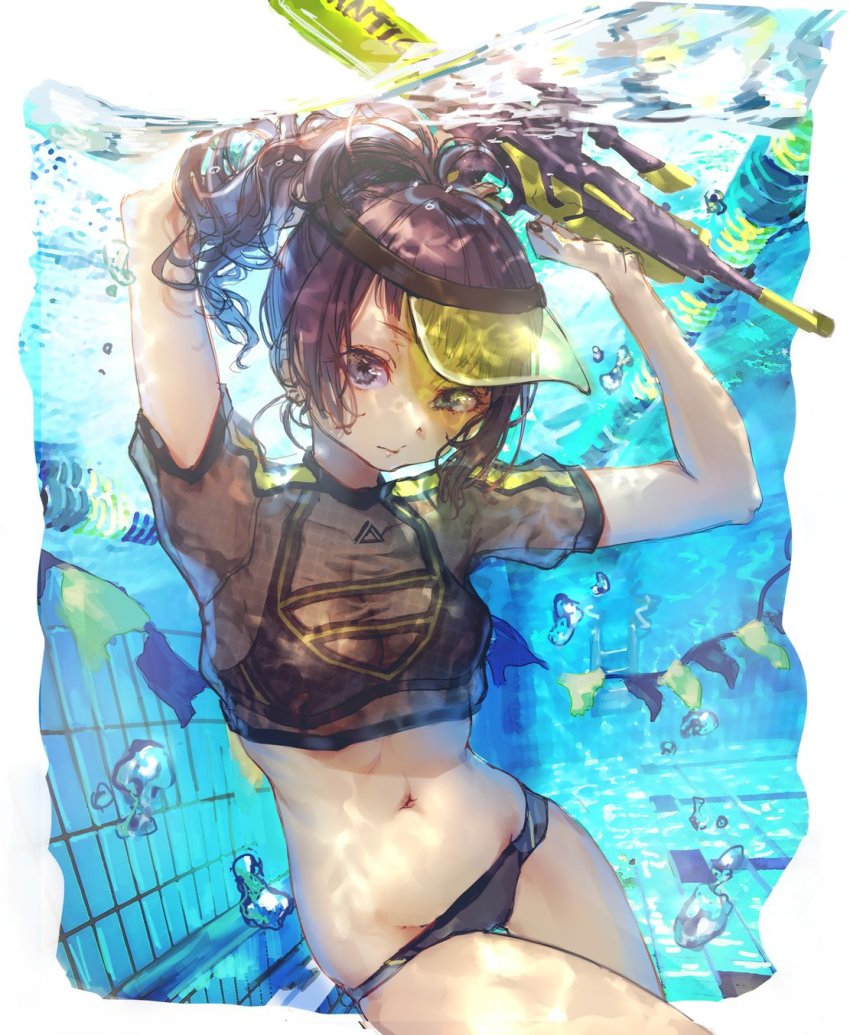 1girl air_bubble armpits arms_up bikini bikini_under_clothes black_bikini breasts brown_shirt bubble caustics cleavage closed_mouth crop_top day freediving highres idolmaster idolmaster_shiny_colors long_hair looking_at_viewer medium_breasts navel no_pants partially_underwater_shot ponytail pool purple_eyes purple_hair roki_(0214278) see-through_clothes shirt short_sleeves solo stomach swimming swimsuit tanaka_mamimi thighs underwater visor_cap water water_gun